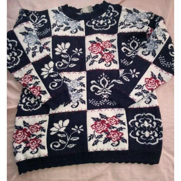 Bugle Boy For Her. Vintage 90s Floral Knit Womens Sweater Medium - Picture 1 of 11